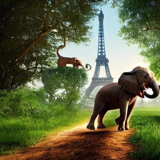 Prompt: very small dog in a high speed chase with an elephant out in the african jungle with a watering hole and eiffel tower in the background, 8k, 4k, high detail