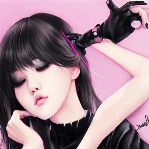 Image similar to realistic detailed semirealism beautiful gorgeous cute Blackpink Lalisa Manoban sleeping, black hair black cat ears, black leather choker, proportional body, WLOP, Aztodio, Taejune Kim, sakimichan, ArtGerm, Pixiv, Instagram, Artstation