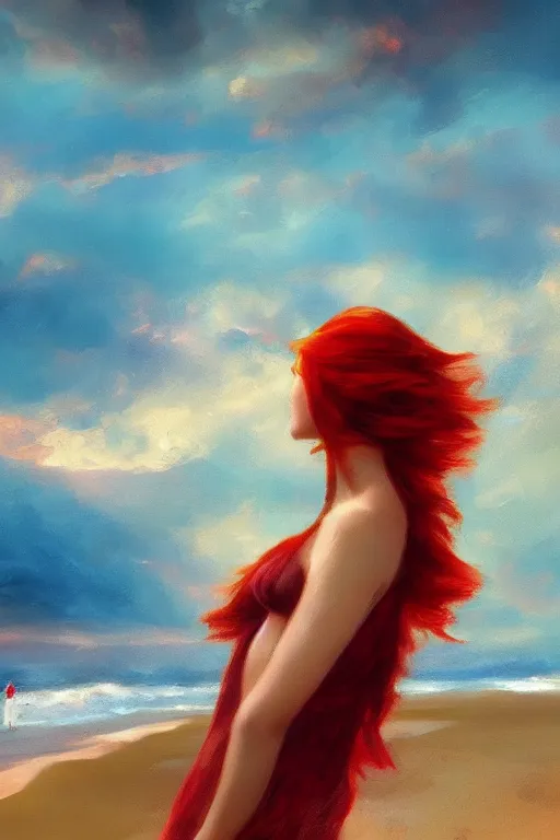 Image similar to a red haired young girl beach surreal, sunrise, dramatic light, impressionist painting, colorful clouds, digital painting, artstation, vittorio matteo corcos