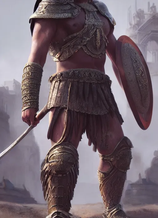 Prompt: gladiator, by, by, by, oil painting, epic, intricate, octane render, matte, highly detailed, 8 k, amazing lighting