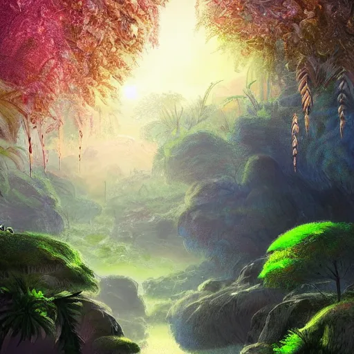 Prompt: beautiful lush natural scene on another planet, with creatures. different than earth but beautiful. lightfall. beautiful detailed digital painting. trending on artstation and deviantart.