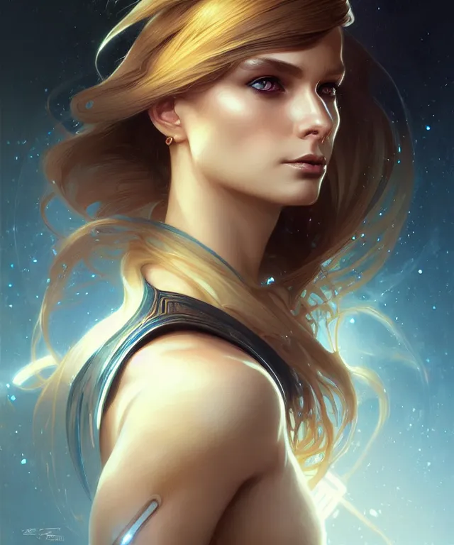 Image similar to futuristic young woman portrait, sci-fi, amber eyes, face, long hair, fantasy, intricate, elegant, highly detailed, digital painting, artstation, concept art, smooth, sharp focus, illustration, art by artgerm and greg rutkowski and alphonse mucha