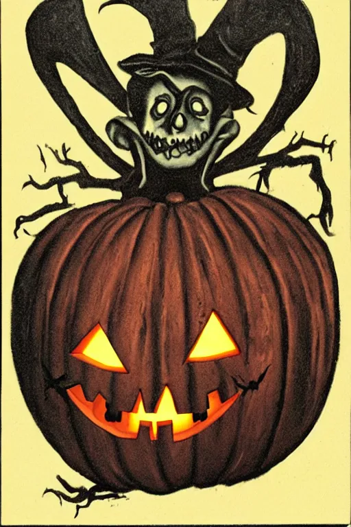 Prompt: a horrific, halloween ghoul, holding a jack - o - lantern, retro, 1 9 8 0 s, by march schoenbach, enzio sciotti