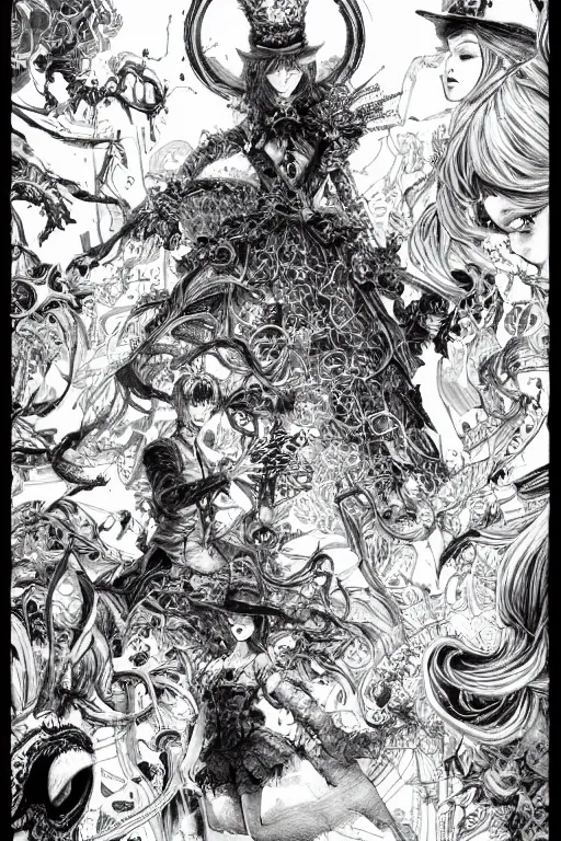 Image similar to Synthwave Alice in wonderland , pen and ink, intricate line drawings, by Yoshitaka Amano, Ruan Jia, Kentaro Miura, Artgerm, watercolor