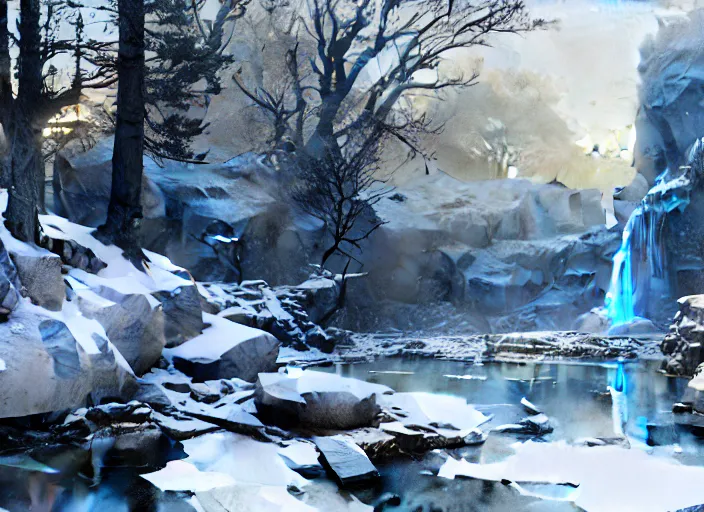 Prompt: watercolor painting of frozen waterfall, oak trees, rocky shore, in cold snowy winter, rustic stone cabin in horizon, very very very beautiful, art by anders zorn, wonderful masterpiece by greg rutkowski, cinematic light, american romanticism by greg manchess, creation by tyler edlin