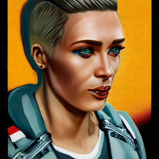 Prompt: character concept art of heroic stoic emotionless butch blond handsome woman space explorer with detailed tribal tattoos, very short slicked - back butch hair, narrow eyes, wearing atompunk jumpsuit, orange safety vest, retrofuture, highly detailed, science fiction, illustration, oil painting, realistic, lifelike, pulp sci fi, cinematic