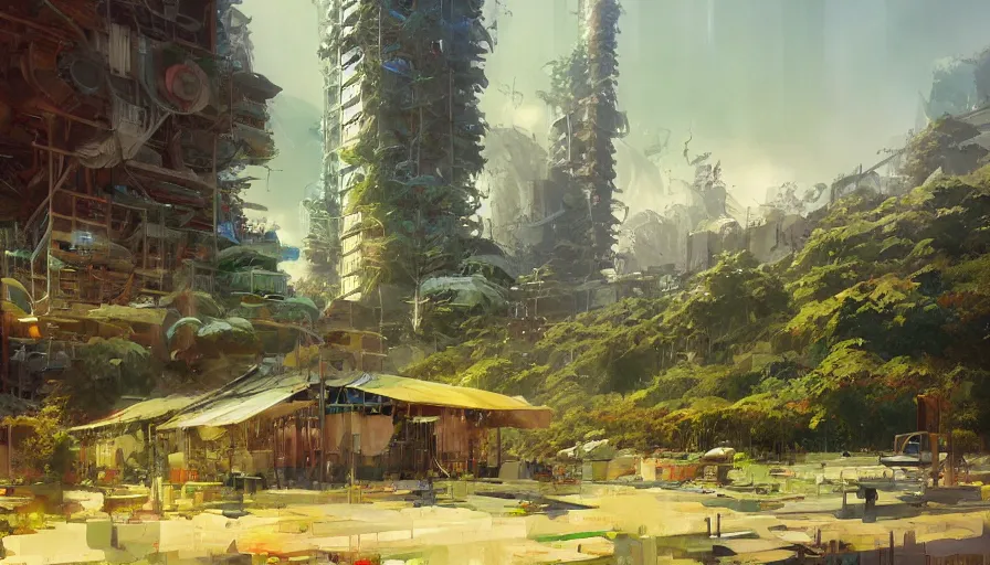 Image similar to craig mullins and ghibli digital illustration organized solarpunk tall vertical farms, scifi hydroponics, colorful, unreal engine, hyper realism, realistic shading, cinematic composition, realistic render, octane render, detailed textures, photorealistic, wide shot