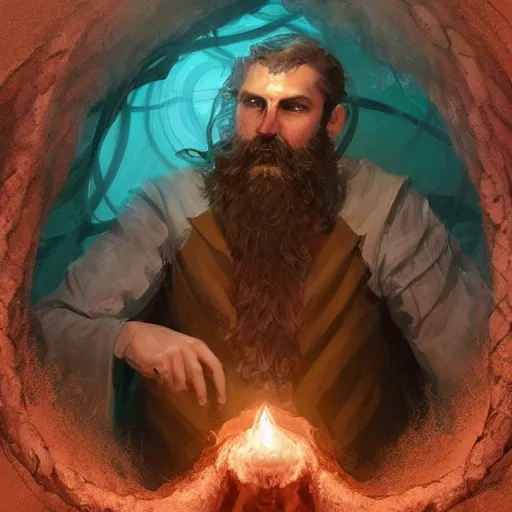 Prompt: A portrait of a cleric of Cthulu with short dark hair and a trimmed beard, he wears a cubic sandstone pendent around his neck, as dark magic emanates from the sandstone tentacles spur from the water, digital art by Ruan Jia