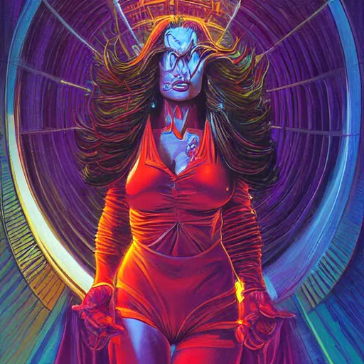 Image similar to fantastic detailed 3 d painting of tia carrere as a cyber sorceress, color scheme, by moebius by vanessa lemen by paul lehr by dan mumford