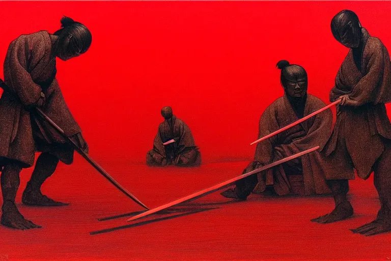 Image similar to only with red, a red samurai do seppuku, tokio, a lot of frogs watch, in the style of beksinski, parts by edward hopper, parts by rodcenko, parts by yue minjun, intricate and epic composition, red by caravaggio, insanely quality, highly detailed, masterpiece, red light, artstation, 4 k