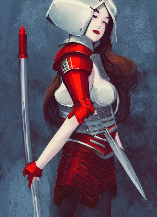 Prompt: a young woman in full plate armor with beautiful hair and red lips stages in a dramatic pose. she is a knight. clean cel shaded vector art. shutterstock. behance hd by lois van baarle, artgerm, helen huang, by makoto shinkai and ilya kuvshinov, rossdraws, illustration, art by ilya kuvshinov