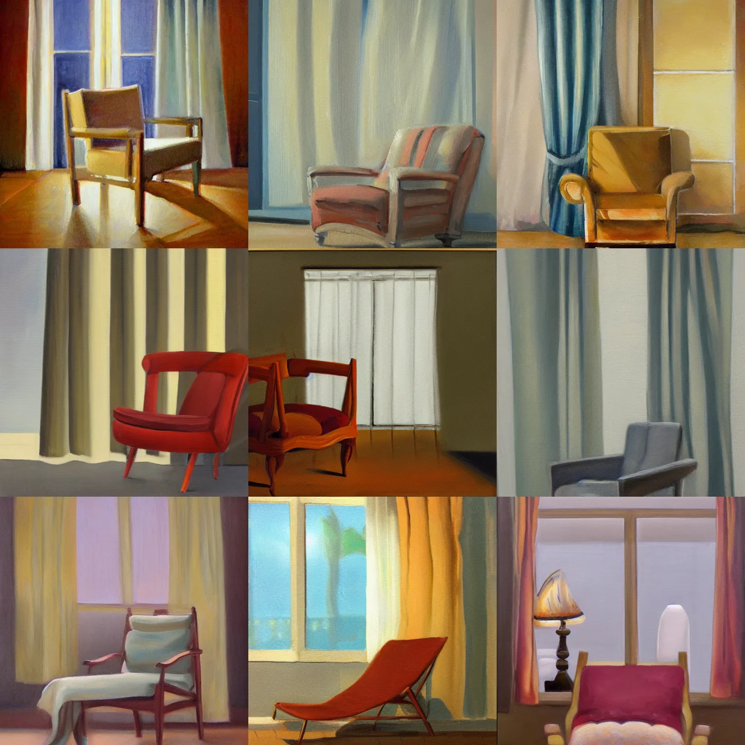 Prompt: still life painting of a lounge chair in front of closed curtains at night, dim lighting, detailed oil painting