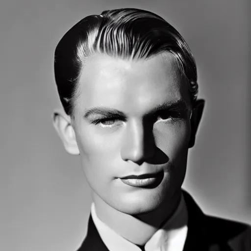 Prompt: a close - up photography of a blonde male! actor from the 1 9 3 0 s. high cheekbones. good bone structure. dressed in 1 9 4 0 s style. butterfly lightning. key light sculpting the cheekbones. by george hurrell.