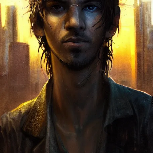 Image similar to cyberpunk, closeup portrait of a young shaggy cyberpunk citizen, eye bags, three day stubble, ex junkie, dramatic light, city background, sunset, dystopian setting, high contrast, sharp, neuromancer, henry dorsett case, painted by stanley lau, painted by greg rutkowski, painted by stanley artgerm, digital art, trending on artstation