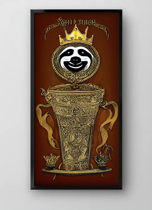 Image similar to sloth as the king of cups, copper cup, coper crown, poster framed, intricate details, medieval art style, high contrast, posterized