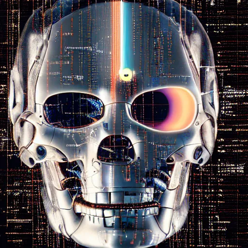 Image similar to extremely detailed portrait of a terminator's head, packed with cybernetics and and borg enhancements and has lit optic fibers inside. In a forest with bokeh. No plating.