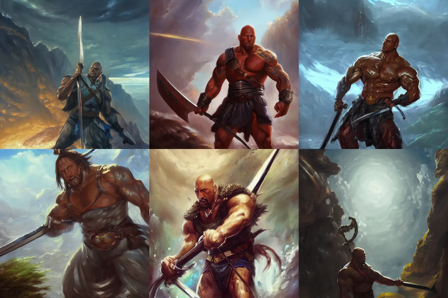 Prompt: classical oil painting of anime environment concept art of dwayne johnson wielding a huge sword, fantasy, trending on artstation, stylistic, brush strokes, oil, canvas, by kawacy and makoto shinkai