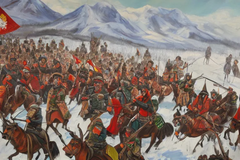 Image similar to painting of the balkan tatars invading a city in arctic bulgaria, oil on canvas