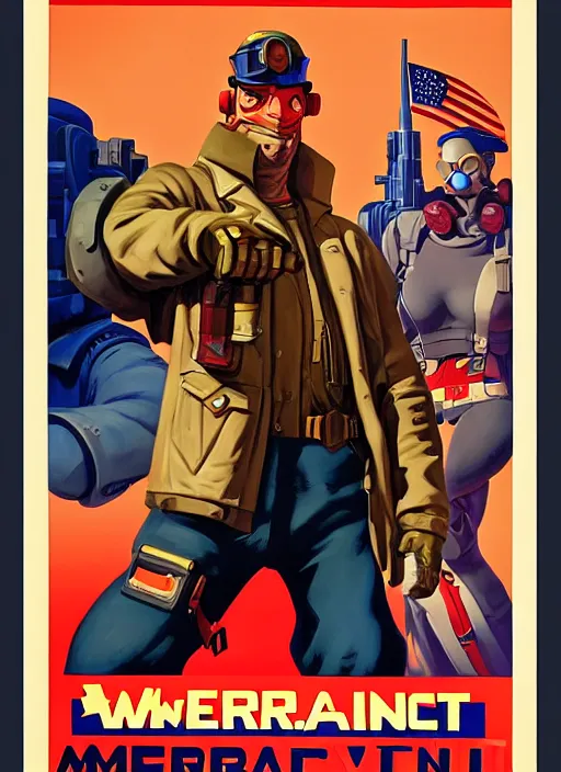 Image similar to american propaganda poster. cyberpunk mercenary. portrait by jean giraud and anton otto fischer and john philip falter and will eisner and gil elvgren. realistic proportions. tf 2, overwatch.