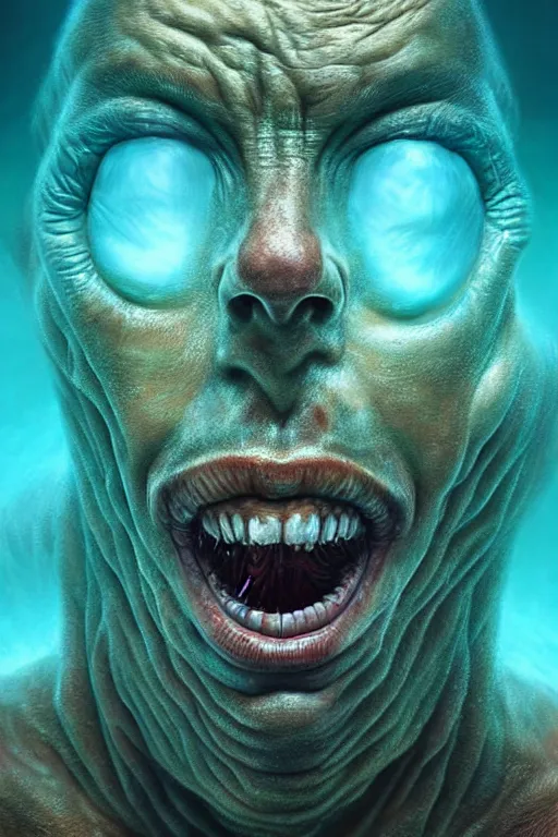 Prompt: hyperrealistic close-up surrealism underwater monster! highly detailed concept art eric zener elson peter cinematic hard green lighting high angle hd 8k sharp shallow depth of field, inspired by David Paul Cronenberg and Zdzisław Beksiński