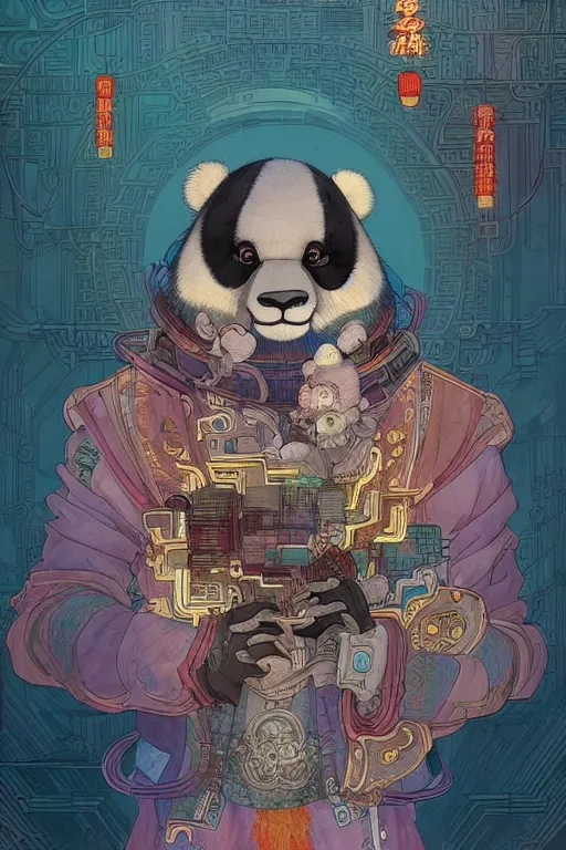 Prompt: a beautiful hyperdetailed character design of a cute panda with a chinese lion dance head victo ngai cyberpunk style of absolutely beautiful cyberpunk town, from china, style of studio ghibli, makoto shinkai, raphael lacoste, louis comfort tiffany, artgerm, james jean, ross tran, chinese style