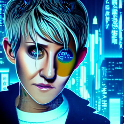 Image similar to ellen degeneres as the main character of a cyberpunk anime in the style of bladerunner by wlop and greg rutkowsky