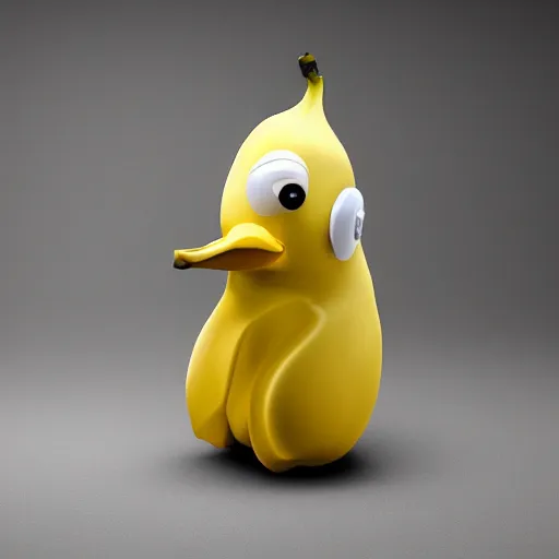 Prompt: banana duck 8k high resolution, super detailed peeled banana with duck beak and small dot eyes.