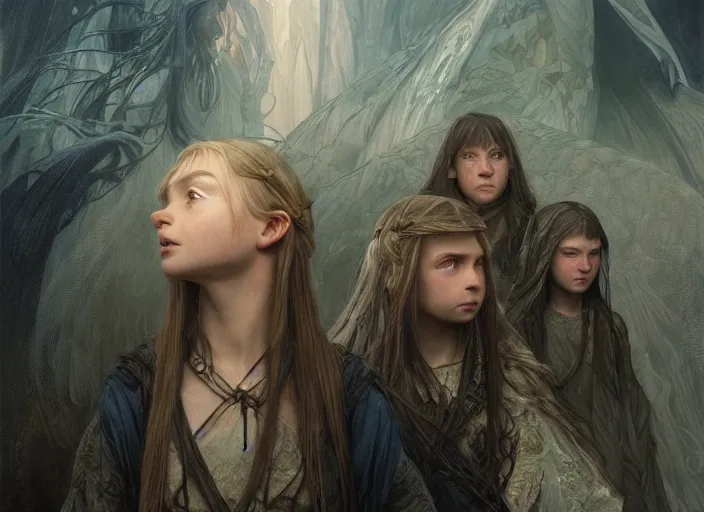 Image similar to a dramatic highly detailed render of the kids of Galadriel and Uruk-hai, Middle-earth , by WLOP and Artgerm and Greg Rutkowski and Alphonse Mucha, Beautiful dynamic dramatic dark moody lighting, shadows, cinematic atmosphere, Artstation, Octane render, 8K, masterpiece, sharp focus, hyperrealistic, photograph