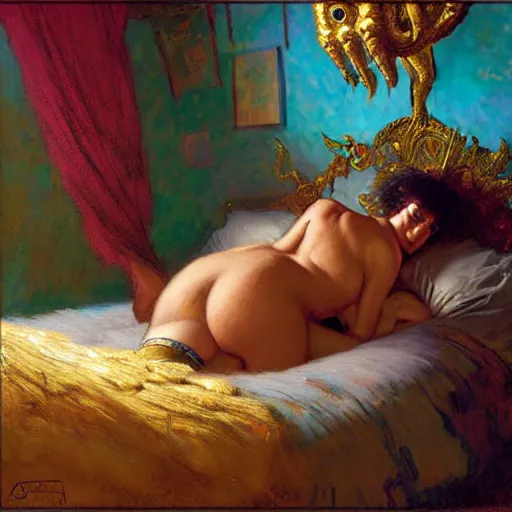 Image similar to portrait of sulley from monsters inc in bed. fantasy painting by gaston bussiere craig mullins jc leyendecker gustav klimt artgerm greg rutkowski john berkey, bergey, craig mullins, ruan jia, raymond swanland, tom lovell