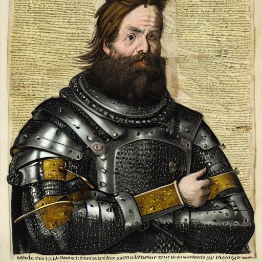 Image similar to Portrait of frustrated and acerbic male medieval sergeant with a short beard wearing a {black and yellow tabard} over a steel breastplate and a black gambeson with his hands planted on a table with a war theater map, by Greg Rutkowski, {perfect face}, {perfect eyes}, {hands planted on war table while standing}, fantasy