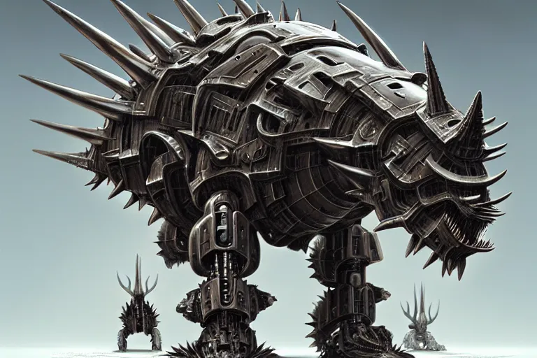 Prompt: spiky triceratops in a cyborg mech suit, by alexandre ferra, zezhou chen, peter gric, mohamed reda and hr giger, hyper detailed, screen print, character concept art, hyperrealism, coherent, octane render, zbrush central, behance hd, hypermaximalist