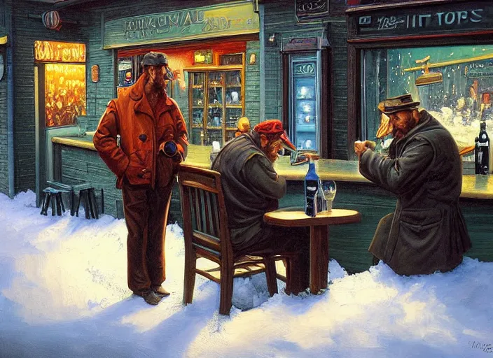 Image similar to a painting of two men sitting at bar during a blizzard by Michael Whelan, dim lighting, ominous tone.