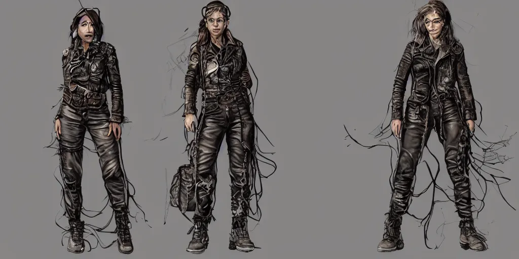 Image similar to female wanderer with tattooed arms and legs wearing an old scratched leather and ripped aviator leather jeans, wearing a short black jacket with rusty medals on it, character sheet, head details, props, concept design, contrast, kim jung gi, greg rutkowski, trending on artstation, 8 k, full body, turnaround, ultra wide angle, pincushion lens effect