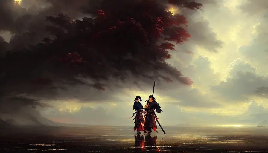 Image similar to baroque oil painting of key visual epic samurai war, rain, storm, realism, fake detail, trending pixiv fanbox, acrylic palette knife, style of makoto shinkai takashi takeuchi yoshiyuki sadamoto greg rutkowski chiho aoshima, artstation, manga
