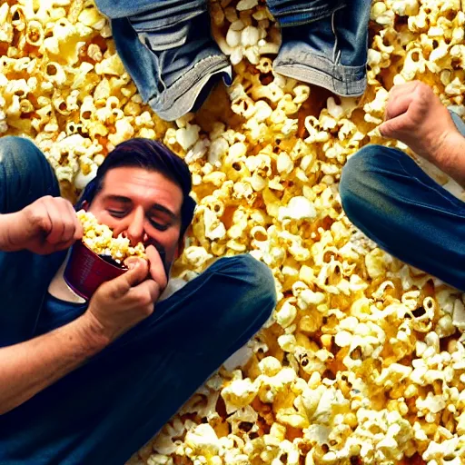 Image similar to photo of a man eating popcorn, another man on the floor with a broken back, another man on the floor vomiting all over himself, and another man breaking the roof