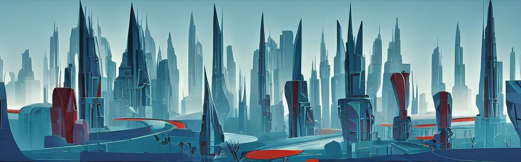 Prompt: sci - fi city with floating faceted angular buildings, modernism, gouache, animated film, stylised, illustration, by eyvind earle, scott wills, genndy tartakovski, syd mead