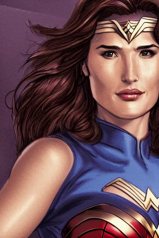 Prompt: A beautiful portrait of Cobie Smulders as Wonder Woman by Frank Cho, detailed, proportional, trending on art station, 4k,