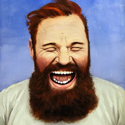 Prompt: a portrait of a laughing redhead man with a beard, by david palumbo