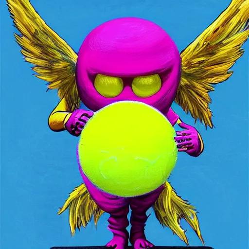 Image similar to a tennis ball monster with angel halo and wings,tennis ball,colorful, digital art, fantasy, magic, trending on artstation, ultra detailed, professional illustration by Basil Gogos