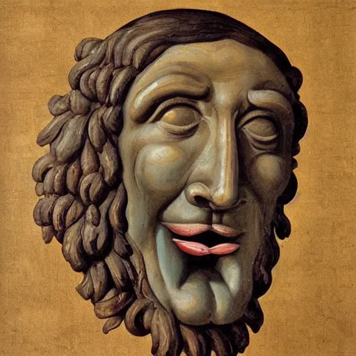 Image similar to portrait of ancient silly greek man with big eyes, sharp nose, and big open mouth. fine detail. artistic painting by lurid
