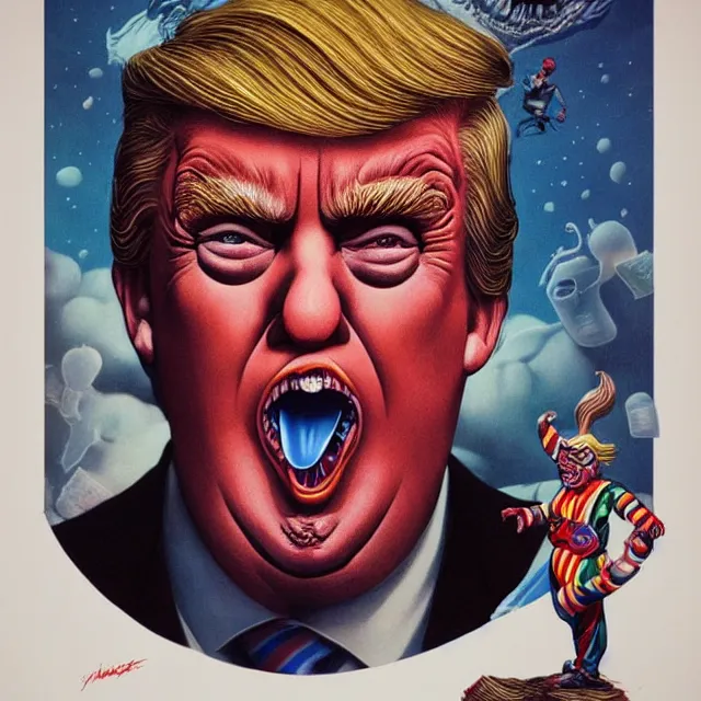 Prompt: donald trump is a disgusting clown, grotesque, horror, high details, intricate details, by vincent di fate, artgerm julie bell beeple, inking, vintage 9 0 s print, screen print