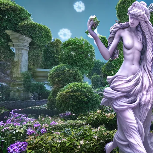 Image similar to an idealistic marble statue with fractal flowery hair in a fractal garden, unreal engine, 8k render, beautiful, full frame,