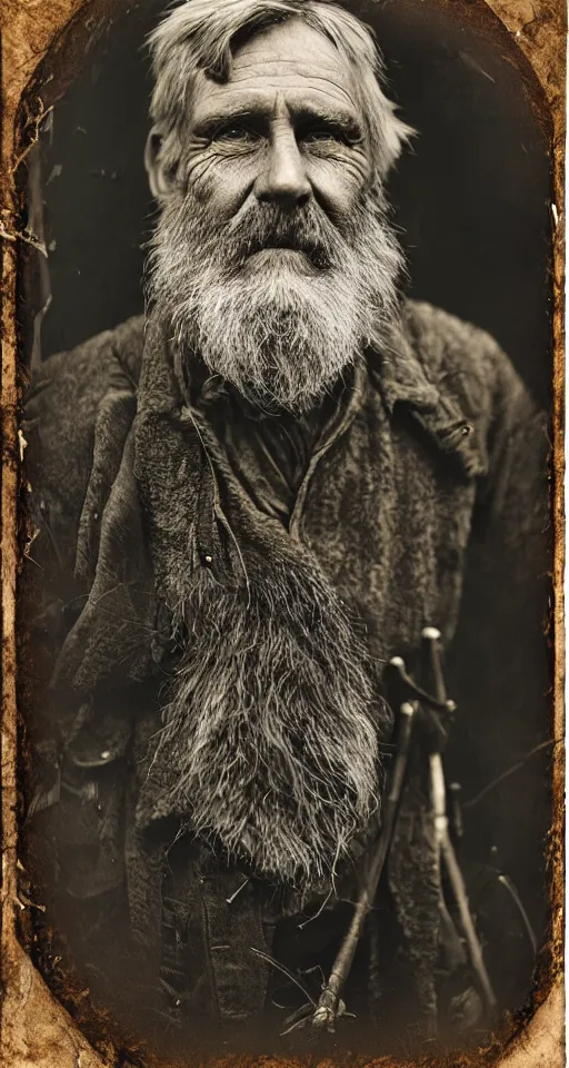 Prompt: a highly detailed digital collodion photograph, a portrait of a grizzled old woodsman
