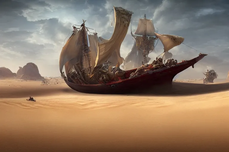 Prompt: a large ancient red pirate ship sailing the dunes in a vast arabian desert, by rutkowski, fantasy still movie, highly detailed, photorealistic, digital art, matte painting, hd illustration, trending on artstation