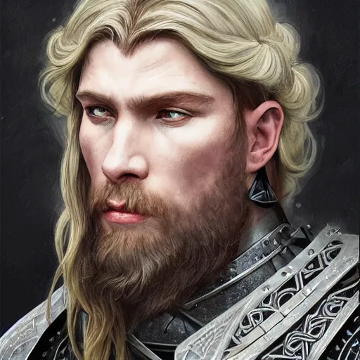 Prompt: portrait of solemn, ice-pale viking warrior with black veins and brutalist plate armor with art deco knotwork, elegant, intricate, head and upper body portrait, D&D, fantasy, highly detailed, digital painting, artstation, concept art, sharp focus, illustration, art by artgerm and greg rutkowski and alphonse mucha