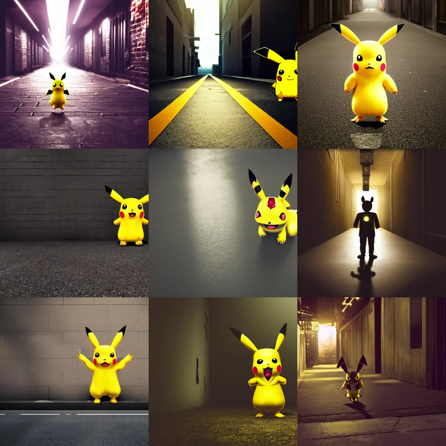 Prompt: Photo of a lone Pikachu standing menacingly in the middle of a dark alley, dim lighting, high octane render