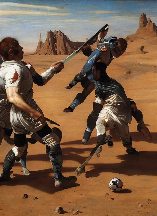 Image similar to a soccer match on mars by edgar maxence and caravaggio and michael whelan and delacroix style, artistic, intricate painting, cinematic lighting, hyper realistic, extremely detailed, establishing shot, 8 k resolution, dramatic lighting