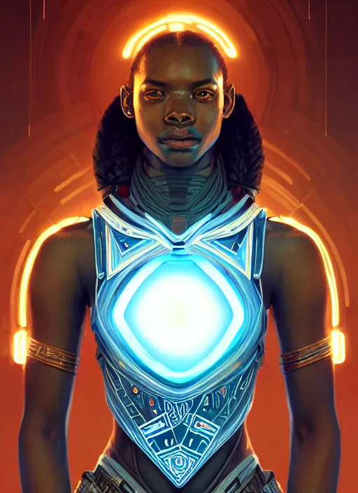Prompt: symmetry!! portrait of african tribal warrior, tech wear, glowing lights!! intricate, elegant, highly detailed, digital painting, artstation, concept art, smooth, sharp focus, illustration, art by artgerm and greg rutkowski and alphonse mucha