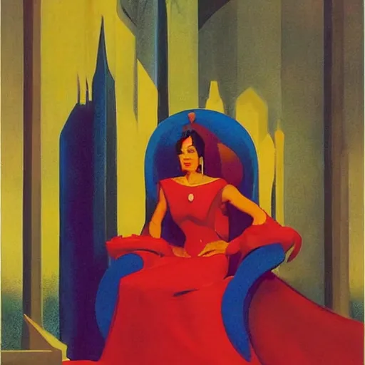 Image similar to an oil painting of a queen in a thierry mugler dress sitting on a throne, by bruce pennington, by ( ( ( eyvind earle ) ) ), nicholas roerich!!, by frank frazetta, by georgia o keeffe, by dean cornwell!!!