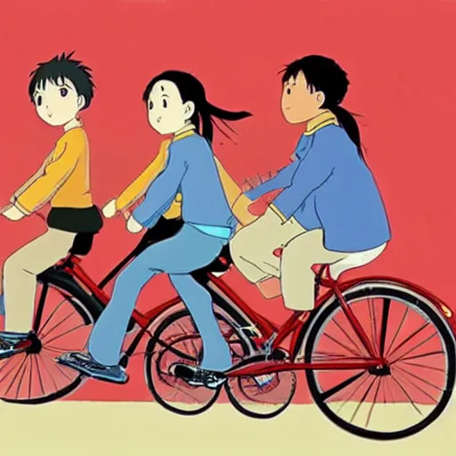 Prompt: three people share a bike, front and rear seats, lovely, by hayao miyazaki